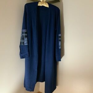 Sundance Blue Long Cardigan Sz L Women’s Plaid Patches on elbows